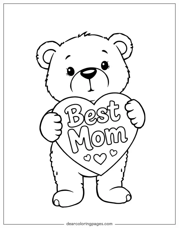 Coloriage de Fête des Mères – Ourson mignon tenant un cœur "Best Mom"